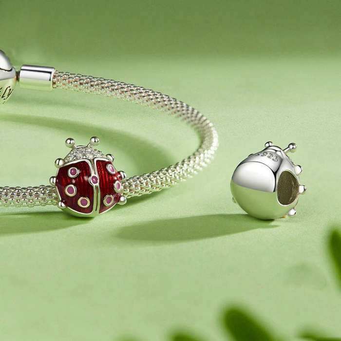 S925 Sterling Silver Zircon Luminous Seven-star Ladybug Silicone DIY Beads(SCC2735)