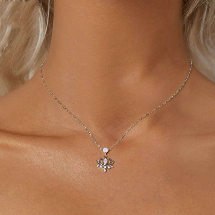 S925 Sterling Silver Platinum Plated Lotus Flower Necklace for Women(SCN520)