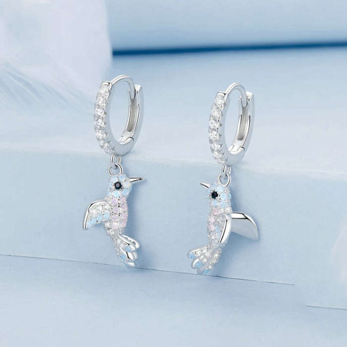 S925 Sterling Silver Platinum Plated Opal Studded Bird Earrings for Women(BSE991)