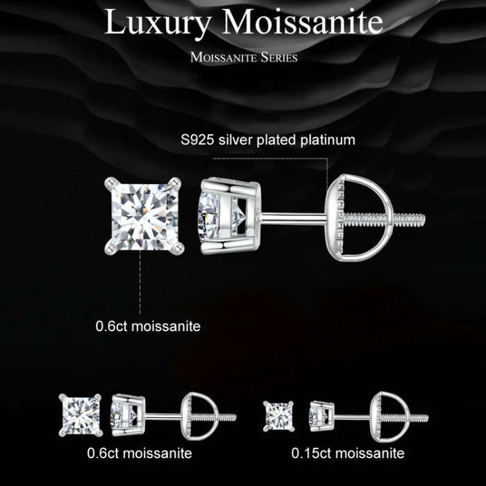 S925 Sterling Silver Platinum-plated Sparkling Square Moissanite Princess Earrings, Size: L