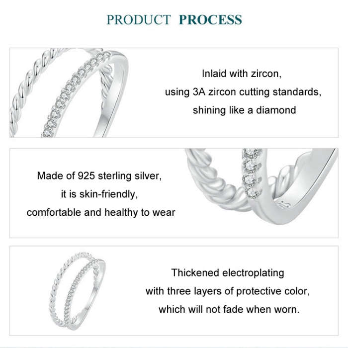 S925 Sterling Silver Platinum Plated Twist Double Layer Ring(No.6)