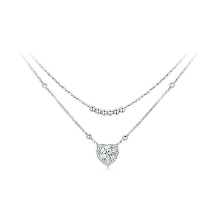 S925 Sterling Silver Platinum Plated Double Layer Moissanite Clavicle Necklace(MSN033)
