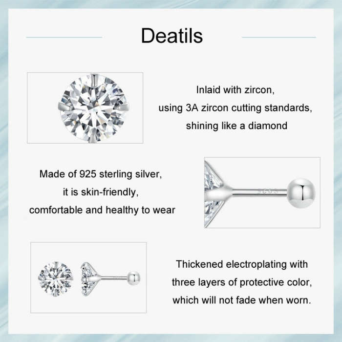 S925 Sterling Silver Platinum Plated Zircon Stud Earrings Jewelry, Color: White Zirconia M