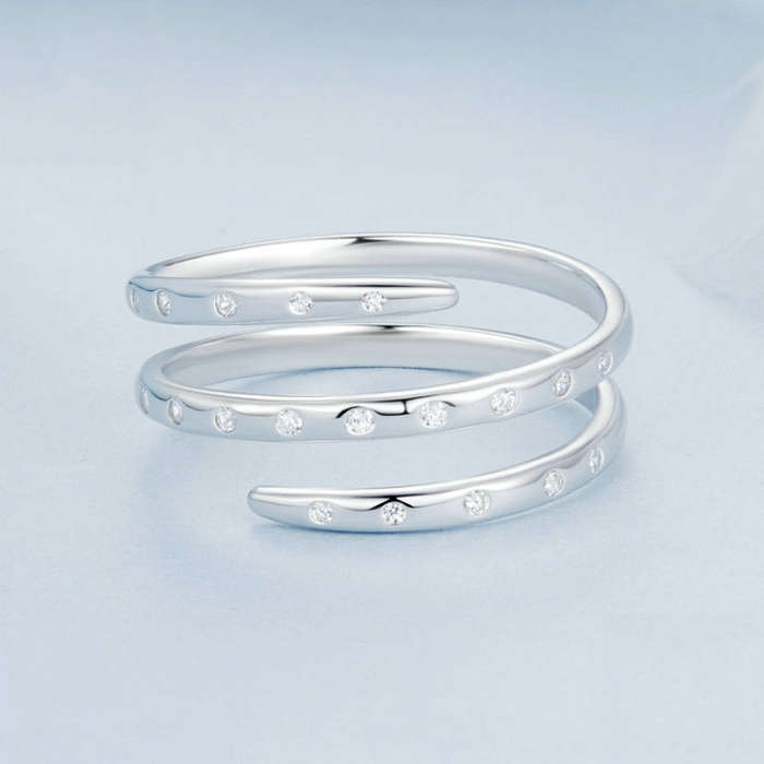 S925 Sterling Silver Platinum-plated Wound Zircon Open Adjustable Plain Ring(BSR543-E)