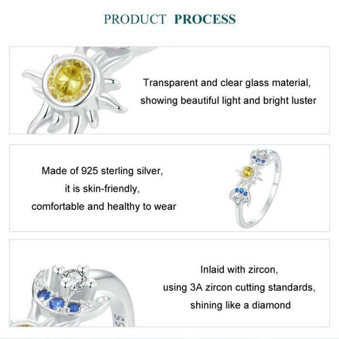 S925 Sterling Silver Platinum Plated Sun Moon Surround Ring, Size: No. 8