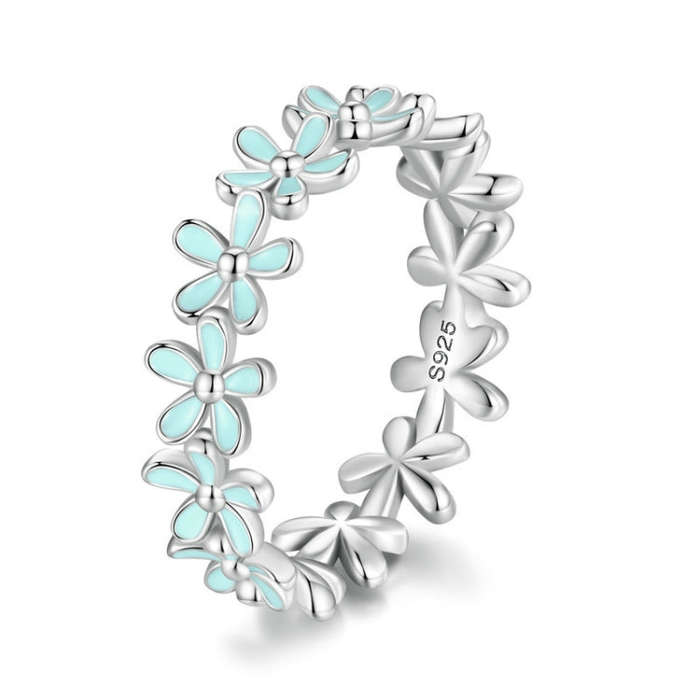 S925 Sterling Silver Oil Dripping Flower Arrangement Ring, Size: No. 5(SCR931 Blue)