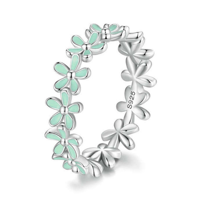 S925 Sterling Silver Oil Dripping Flower Arrangement Ring, Size: No. 9(SCR931-GN Green)