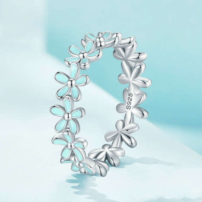 S925 Sterling Silver Oil Dripping Flower Arrangement Ring, Size: No. 5(SCR931 Blue)