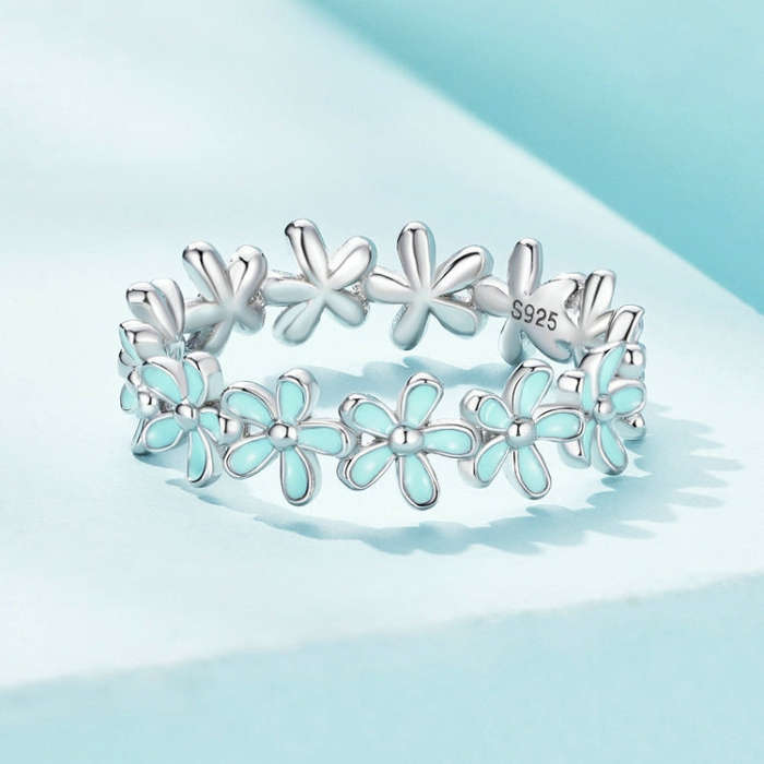 S925 Sterling Silver Oil Dripping Flower Arrangement Ring, Size: No. 5(SCR931 Blue)