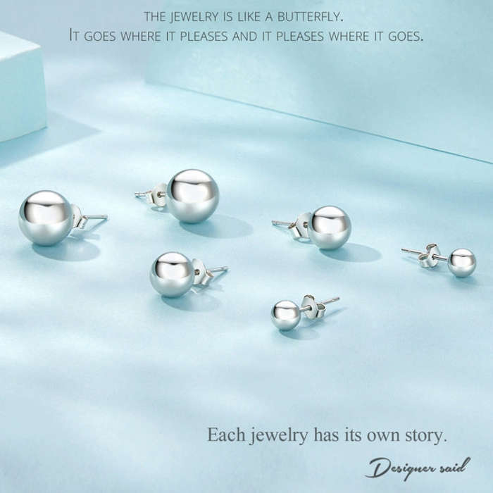 S925 Sterling Silver Platinum Plated Spherical Women Earrings, Size: S