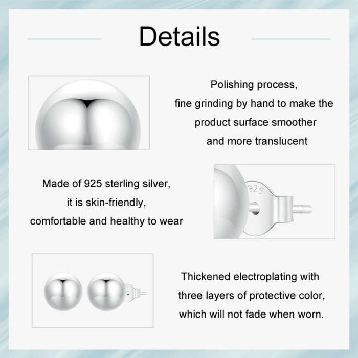S925 Sterling Silver Platinum Plated Spherical Women Earrings, Size: L