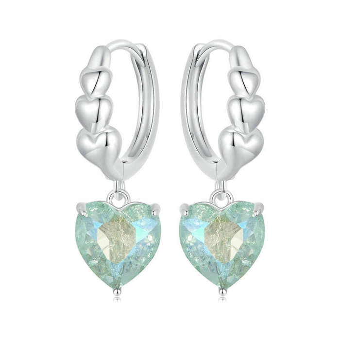 S925 Sterling Silver Blue Green Ice Zirconium Heart Shaped Women Earrings(SCE1706)