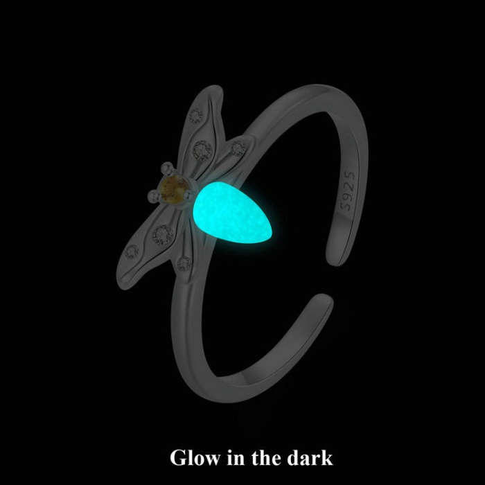 S925 Platinum-plated Sterling Silver Luminous Bee Open Adjustable Ring(BSR521-E)