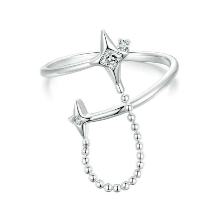 S925 Platinum-plated Sterling Silver Star Tassel Open Adjustable Ring(BSR519-E)