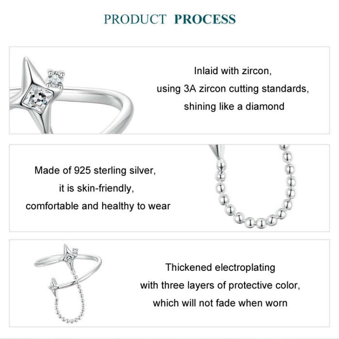 S925 Platinum-plated Sterling Silver Star Tassel Open Adjustable Ring(BSR519-E)