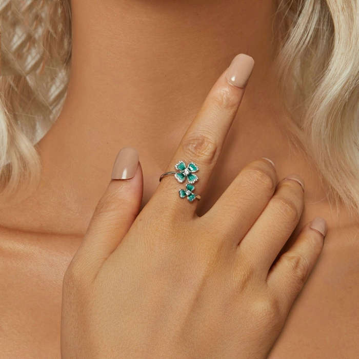 S925 Sterling Silver Platinum Plated Lucky Four-leaf Clover Open Adjustable Ring(BSR528-E)