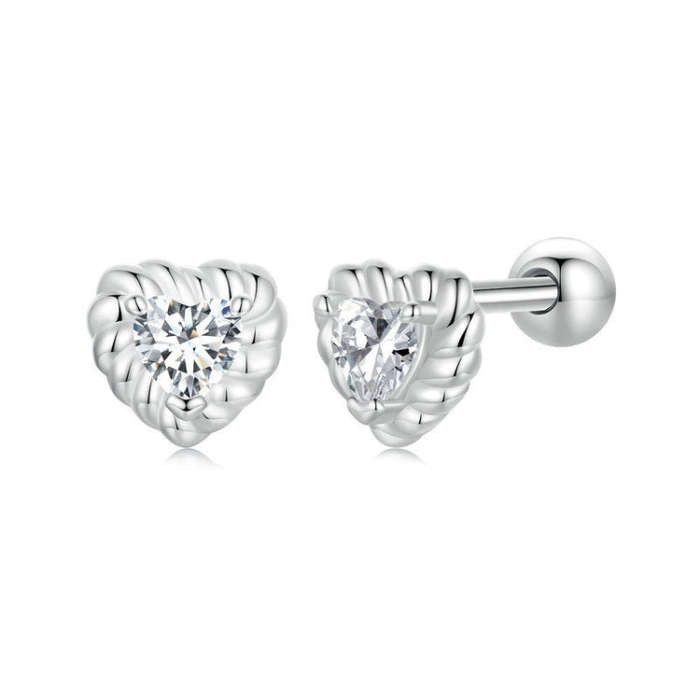 S925 Sterling Silver Threaded Shining Moissanite Heart Earrings(MSE052)