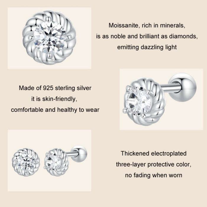 S925 Sterling Silver Threaded Round Moissanite Earrings(MSE053)