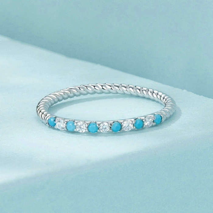 S925 Sterling Silver Platinum Zircon Vintage Blue Turquoise Ring(No.6)