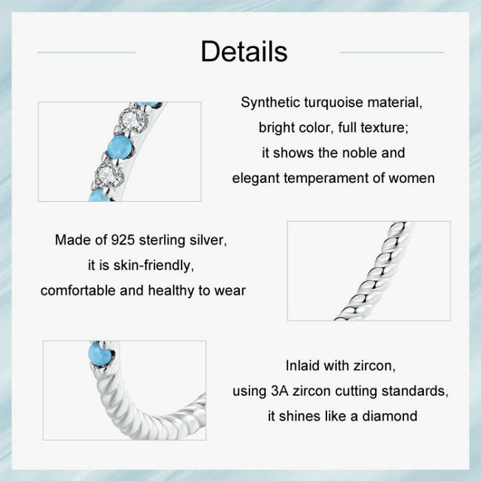 S925 Sterling Silver Platinum Zircon Vintage Blue Turquoise Ring(No.7)