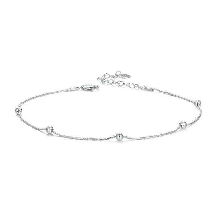 S925 Sterling Silver Plated Platinum Snake Bone Beads Thin Anklet(BST009)