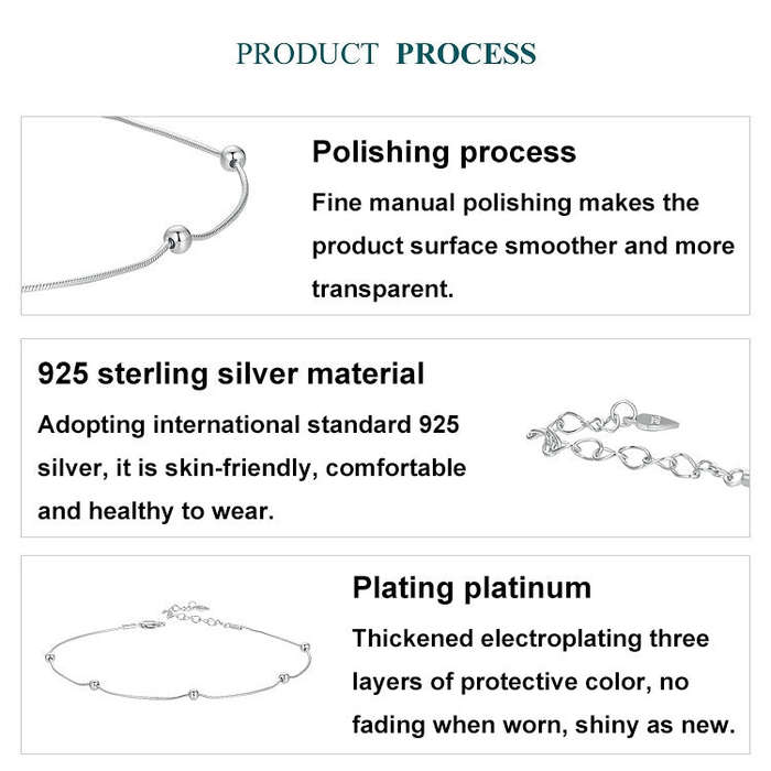 S925 Sterling Silver Plated Platinum Snake Bone Beads Thin Anklet(BST009)
