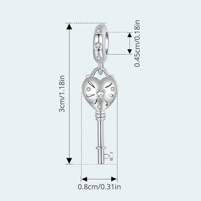 S925 Sterling Silver Platinum-plated Three-dimensional Heart Key-shaped Beaded Jewelry Pendants(S...