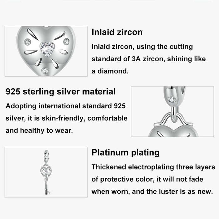 S925 Sterling Silver Platinum-plated Three-dimensional Heart Key-shaped Beaded Jewelry Pendants(S...