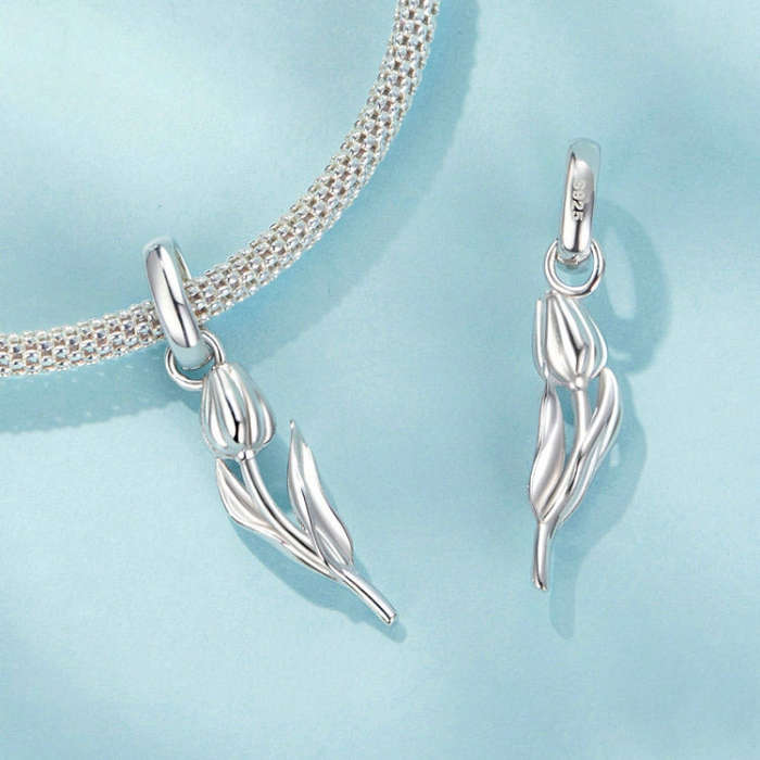 S925 Sterling Silver Platinum Romantic and Warm Tulip Beaded Jewelry Pendants(SCC2886)