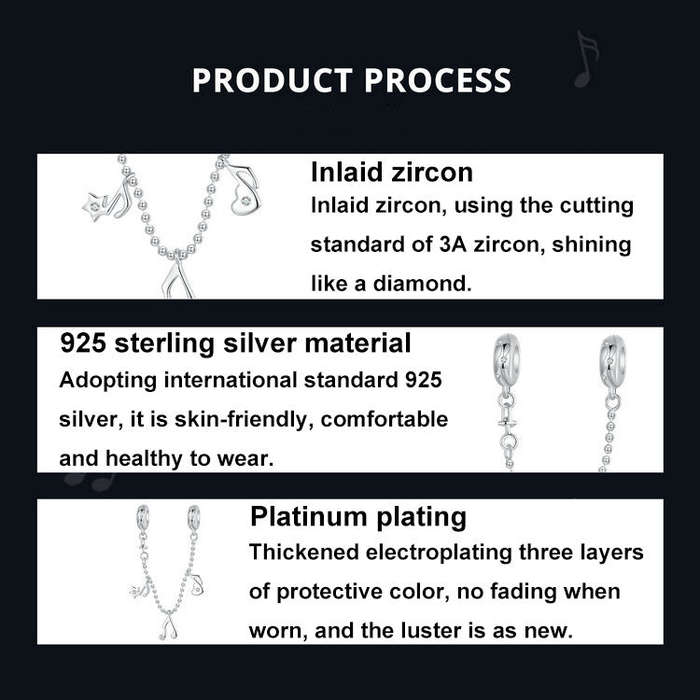 S925 Sterling Silver Platinum-plated Note Shape Safety Chain Jewelry Pendant Accessories(SCC2871)
