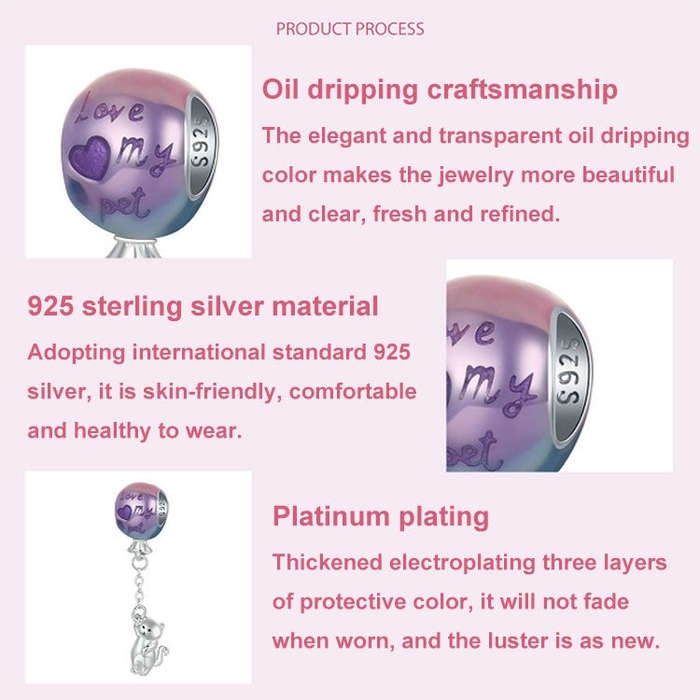 S925 Sterling Silver Cute Hot Air Balloon Cat Beads Jewelry Pendant(SCC2881)