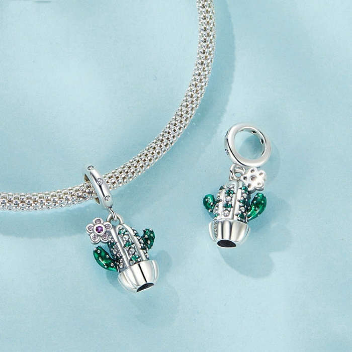 S925 Sterling Silver DIY Desert Cactus Potted Pendant Beads(SCC2831)