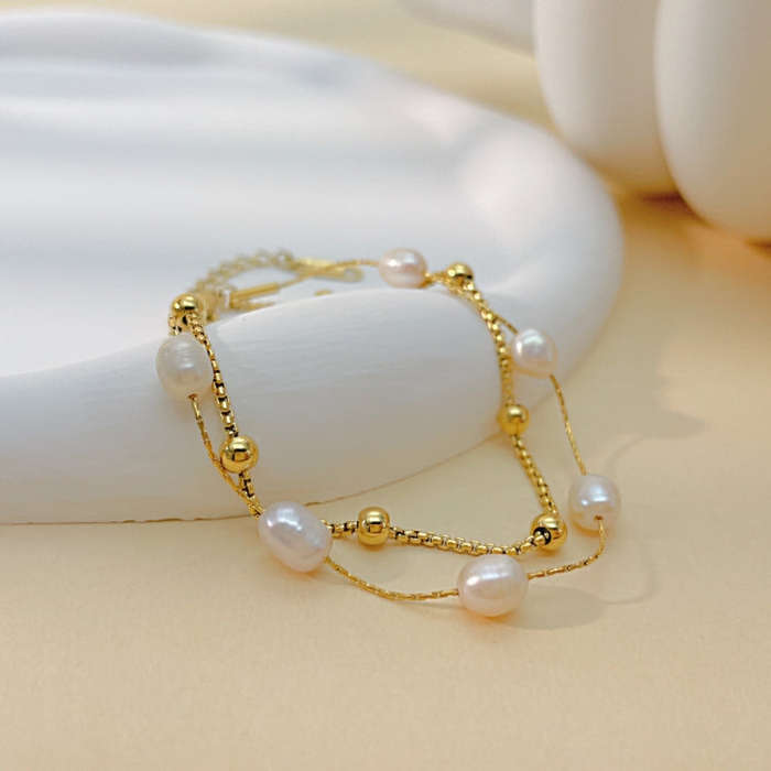 OPK 1378 Simple Stacked Titanium Steel Pearl Bracelet(Gold)