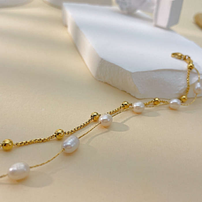OPK 1378 Simple Stacked Titanium Steel Pearl Bracelet(Gold)