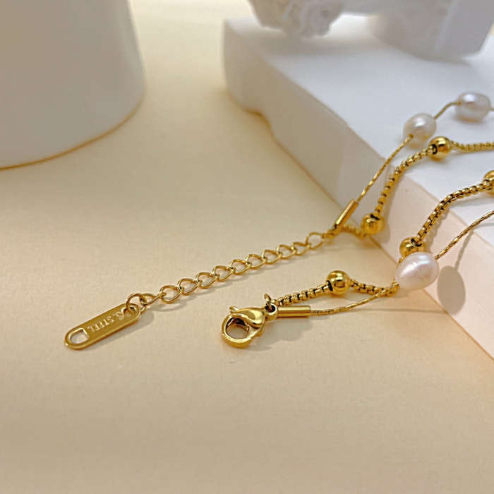 OPK 1378 Simple Stacked Titanium Steel Pearl Bracelet(Gold)