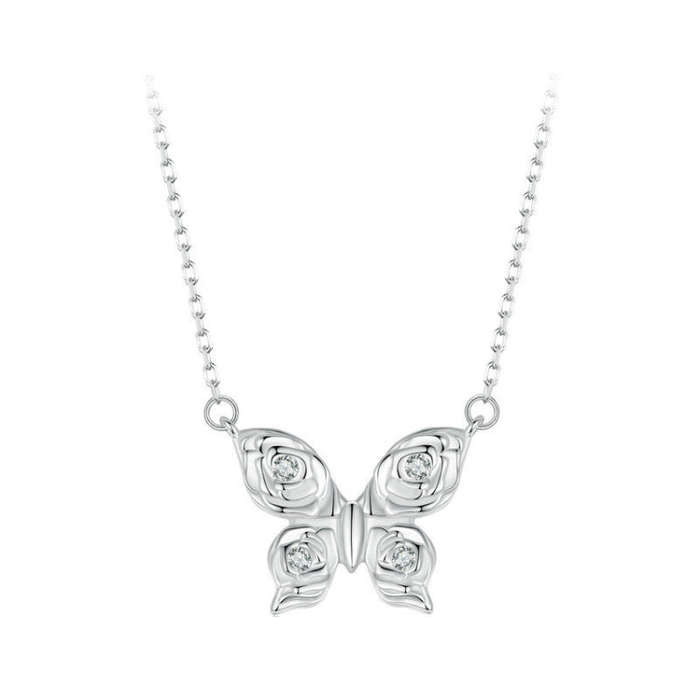 S925 Sterling Silver Platinum-plated Rose Butterfly Necklace Clavicle Jewelry(BSN396)