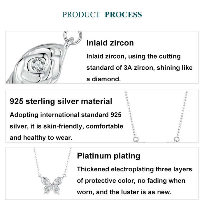 S925 Sterling Silver Platinum-plated Rose Butterfly Necklace Clavicle Jewelry(BSN396)