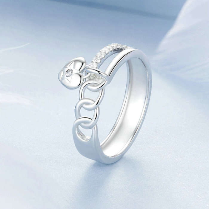 S925 Sterling Silver Platinum-plated Double-layer Chain Heart-shaped Ring, Size: 8(BSR572)