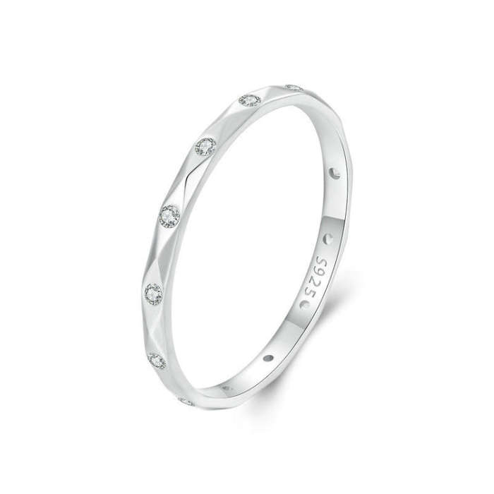 S925 Sterling Silver Platinum-plated Inlaid Zircon Ring Fine Sparkle Ring, Model: BSR578(6)