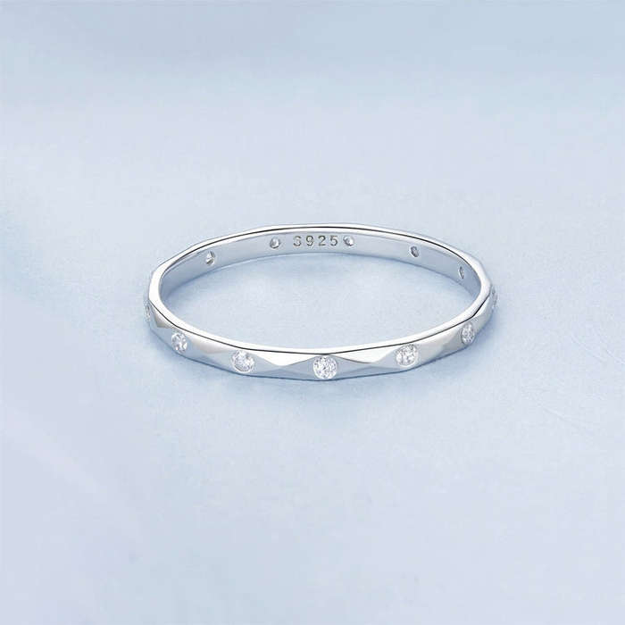 S925 Sterling Silver Platinum-plated Inlaid Zircon Ring Fine Sparkle Ring, Model: BSR577(8)