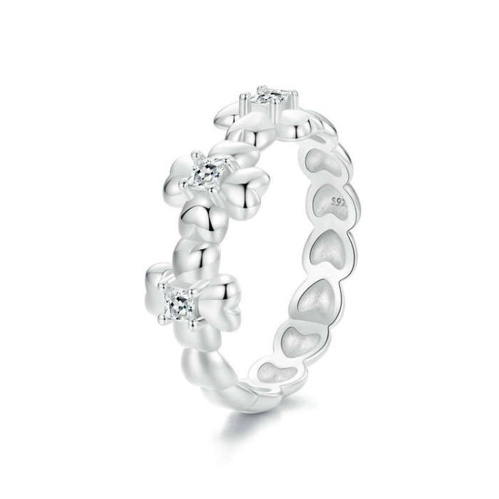 S925 Sterling Silver Platinum-plated Lucky Four-leaf Clover Ring, Size: 7(SCR1045)