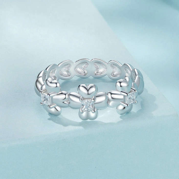 S925 Sterling Silver Platinum-plated Lucky Four-leaf Clover Ring, Size: 6(SCR1045)