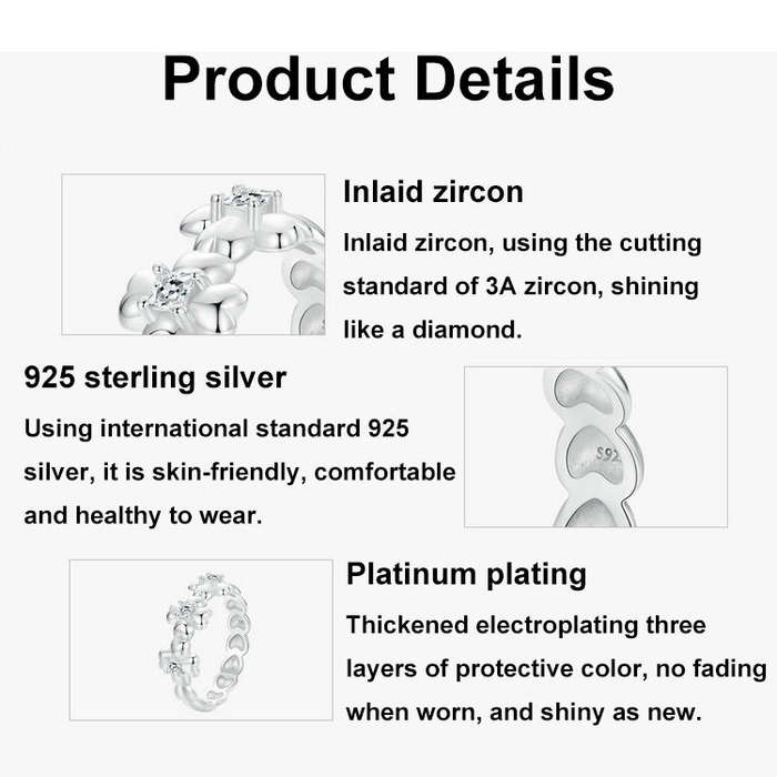 S925 Sterling Silver Platinum-plated Lucky Four-leaf Clover Ring, Size: 6(SCR1045)
