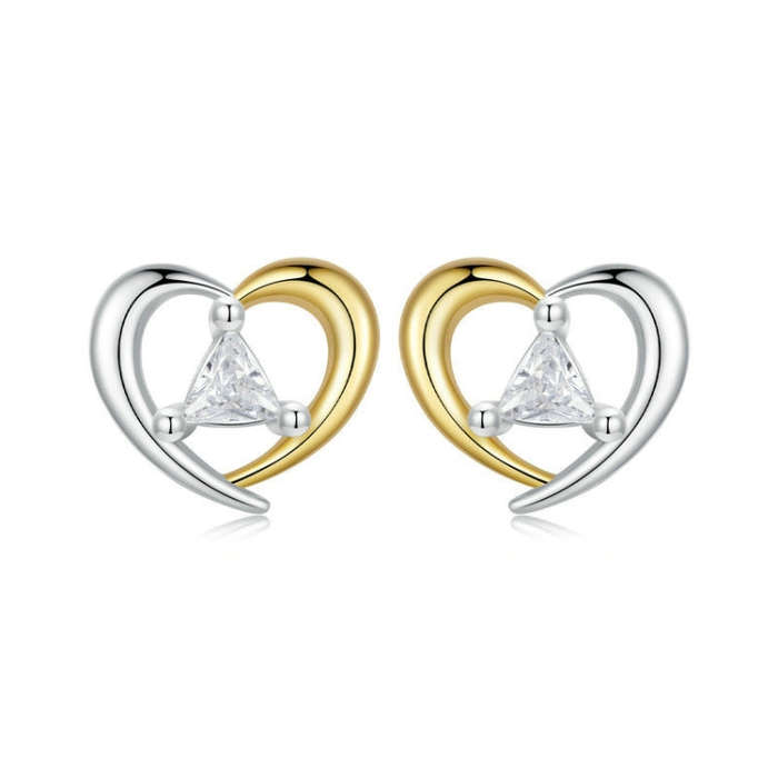 S925 Sterling Silver Platinum-Plated Two-Tone Heart Earrings(BSE1027)