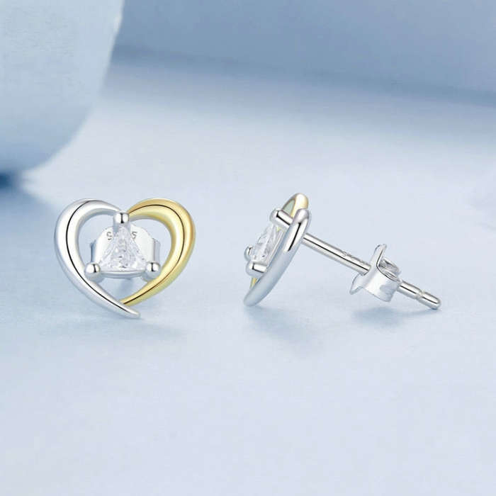 S925 Sterling Silver Platinum-Plated Two-Tone Heart Earrings(BSE1027)
