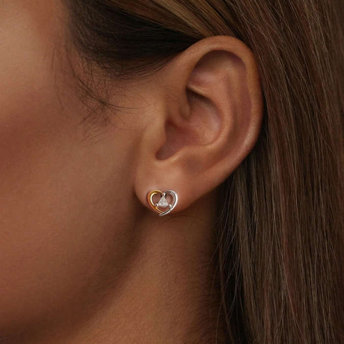 S925 Sterling Silver Platinum-Plated Two-Tone Heart Earrings(BSE1027)