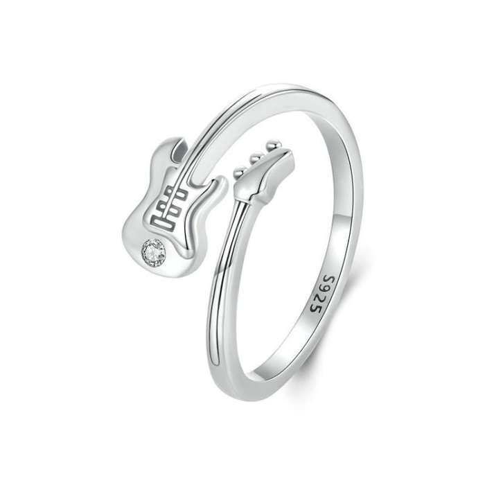 S925 Sterling Silver Oxidized Guitar-shaped Ring Opening Ring Jewelry(SCR1042-E)