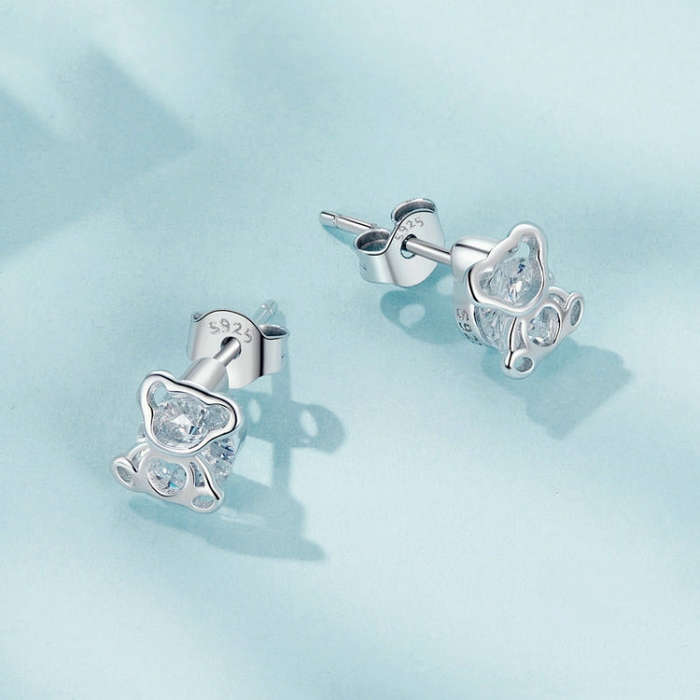 S925 Sterling Silver Platinum-plated Cute Bear Zircon Earrings(SCE1764)