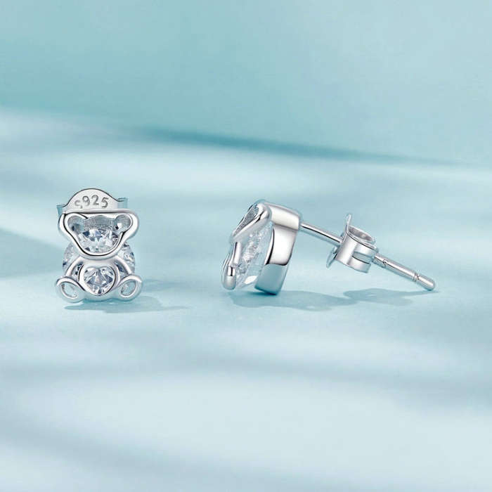 S925 Sterling Silver Platinum-plated Cute Bear Zircon Earrings(SCE1764)