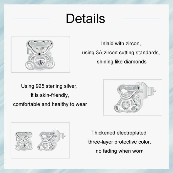 S925 Sterling Silver Platinum-plated Cute Bear Zircon Earrings(SCE1764)